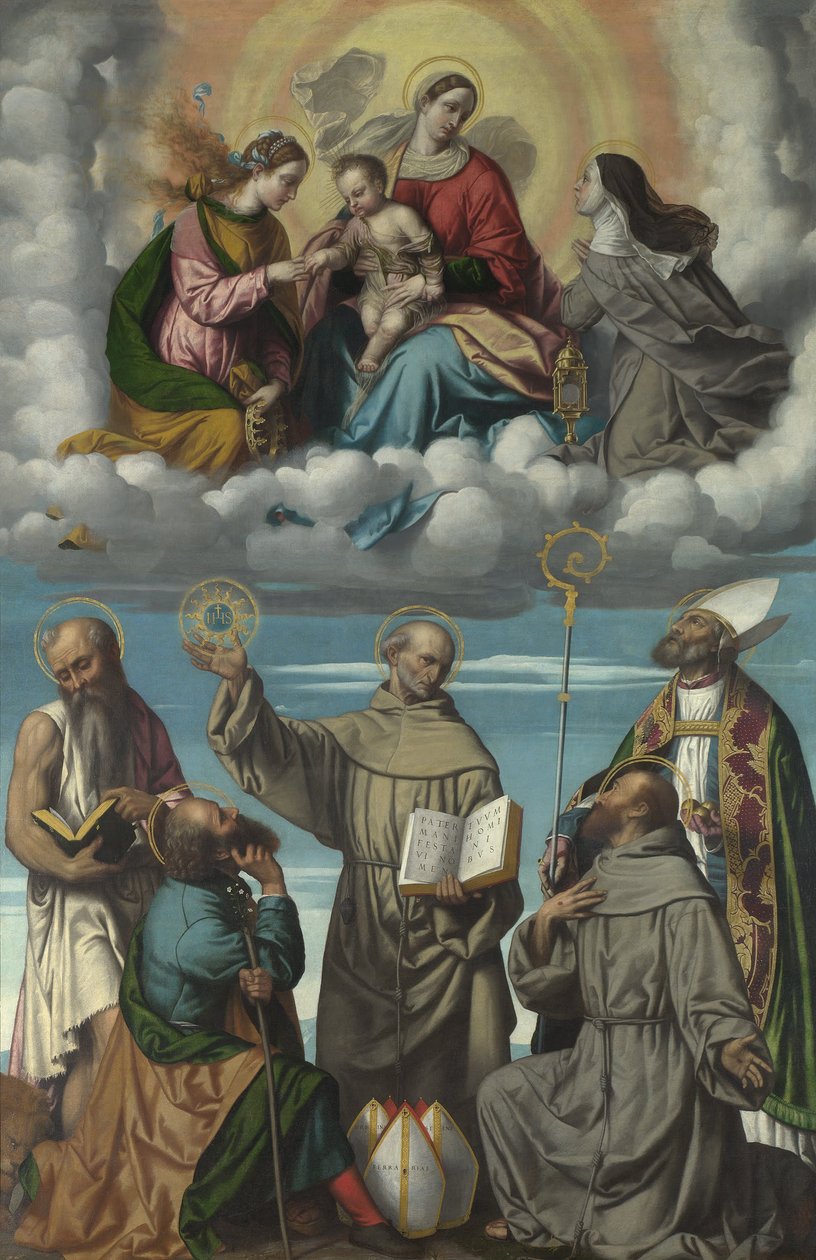 Aziz Bernardino ve Diğer Azizler ile Bakire ve Çocuk by Moretto da Brescia
