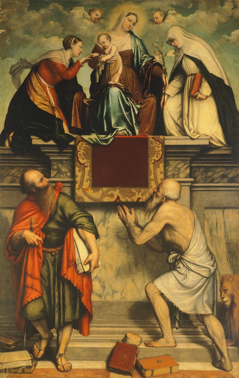 Madonna, Çocuk, Aziz Catherine, Aziz Paul ve Aziz Jerome ile tahta çıktı by Moretto da Brescia