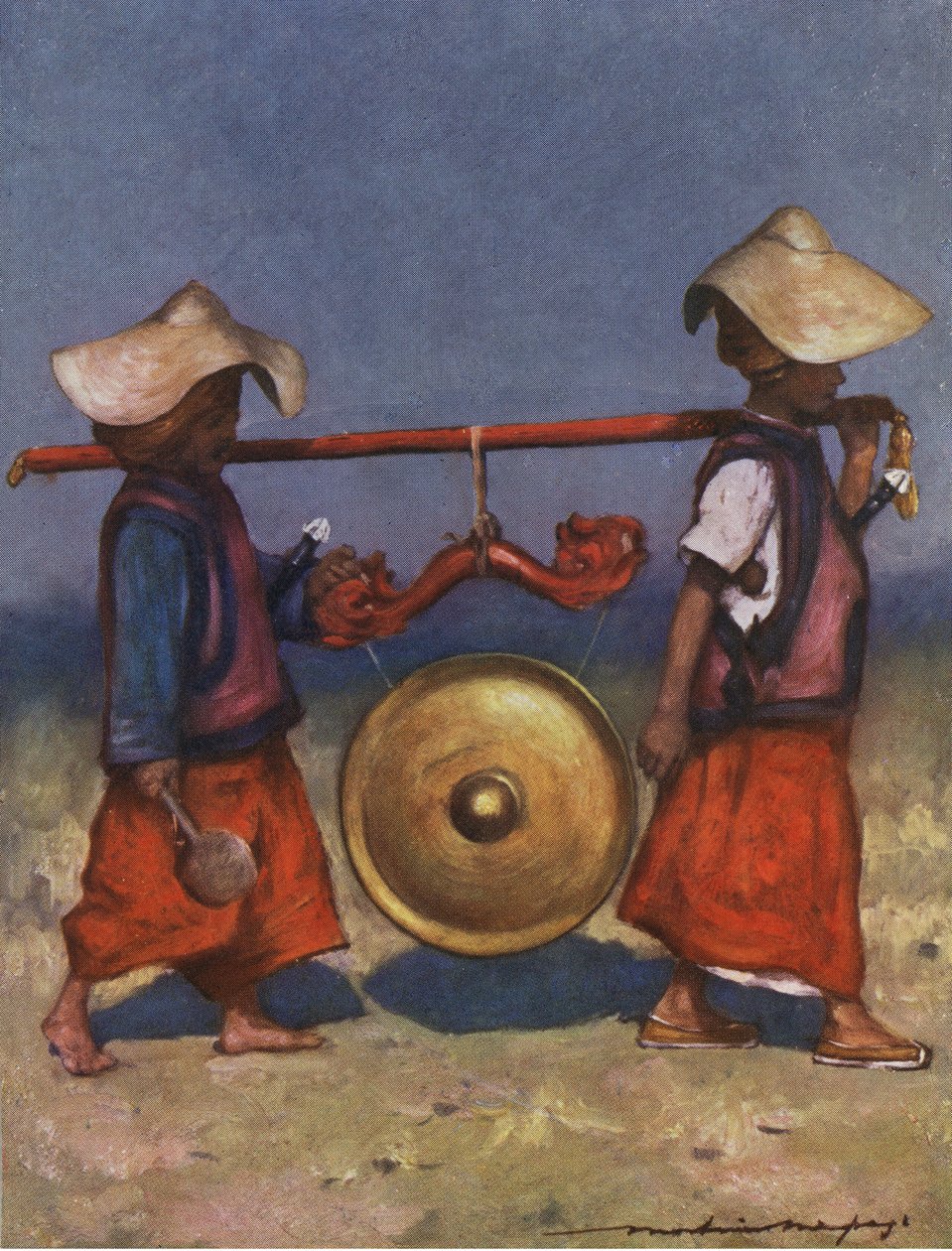 Pirinç gong taşıyan Shan görevlileri - 20. yüzyılın başlarında by Mortimer Ludington Menpes