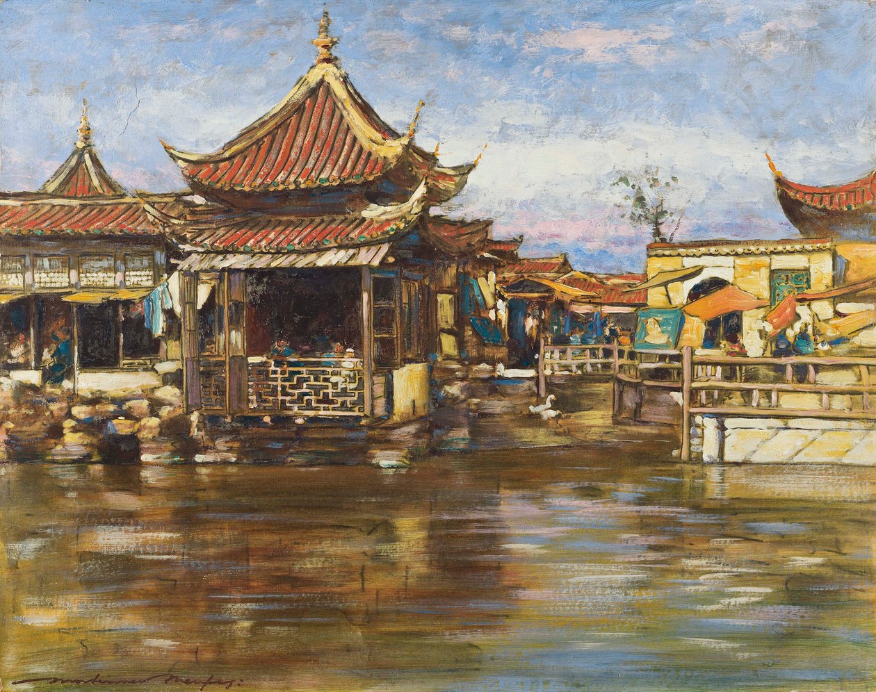 A Tea House, Şanghay, c.1909 (gemide guaj ve yağ) by Mortimer Ludington Menpes