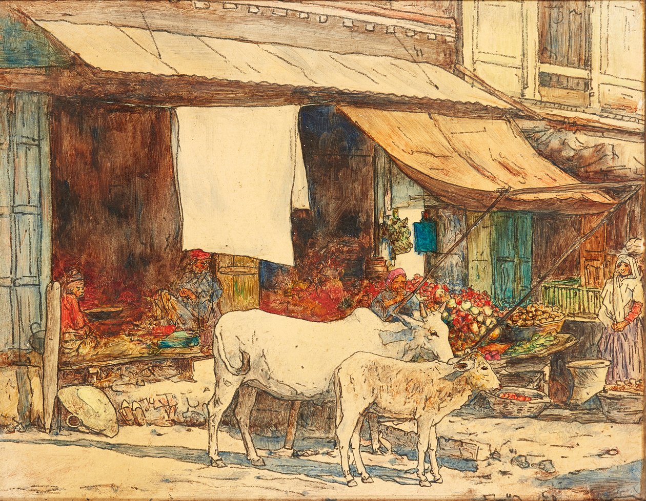 Hint Meyve Tezgahının Dışındaki Sığır (kalem, mürekkep ve sulu boya) by Mortimer Ludington Menpes