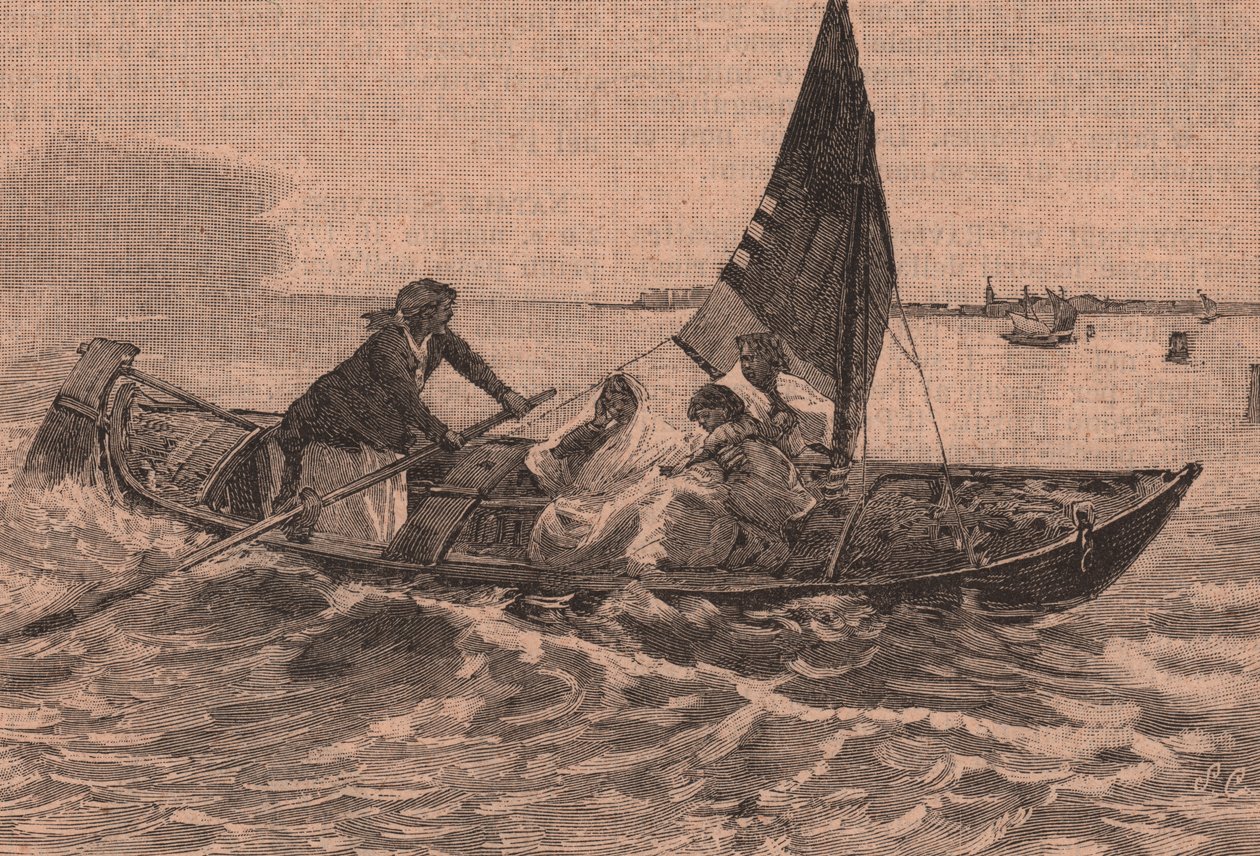 Geçiş lagünü, resim Mose Bianchi (1836-1892), Chioggia, Veneto, İtalya, Le cento citta d'Italia'dan (Yüz İtalyan kasabası) gravür, Il Secolo, Milan'ın resimli aylık eki by Mose Bianchi