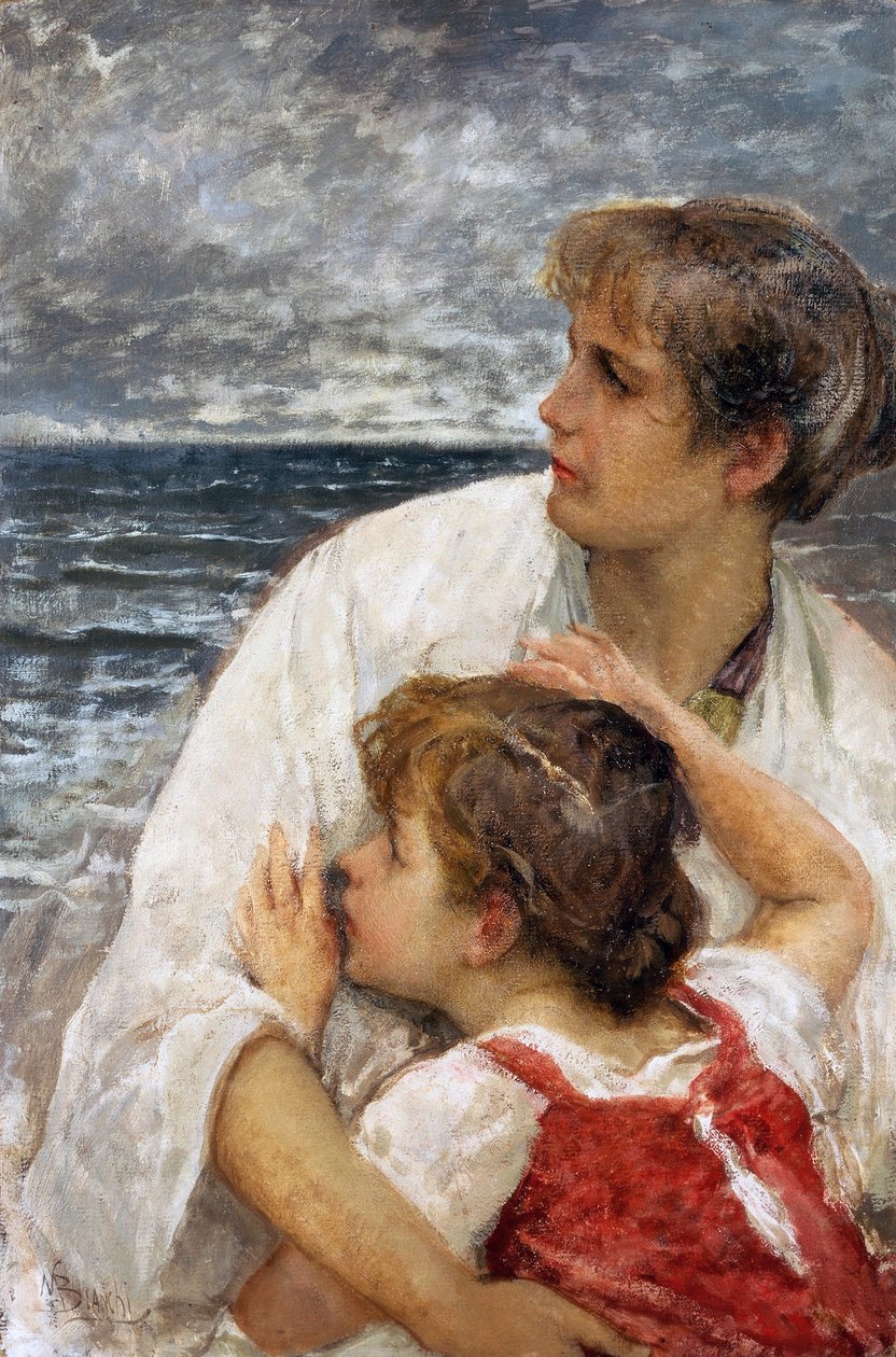 Annelik, Mose Bianchi (1840-1904), gemide yağlı boya, 75x49,5 cm by Mose Bianchi