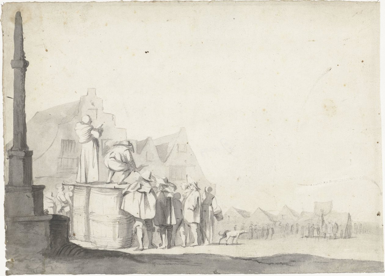 Bir varil üzerinde spiker ile pazar meydanı by Moses ter Borch (possibly)
