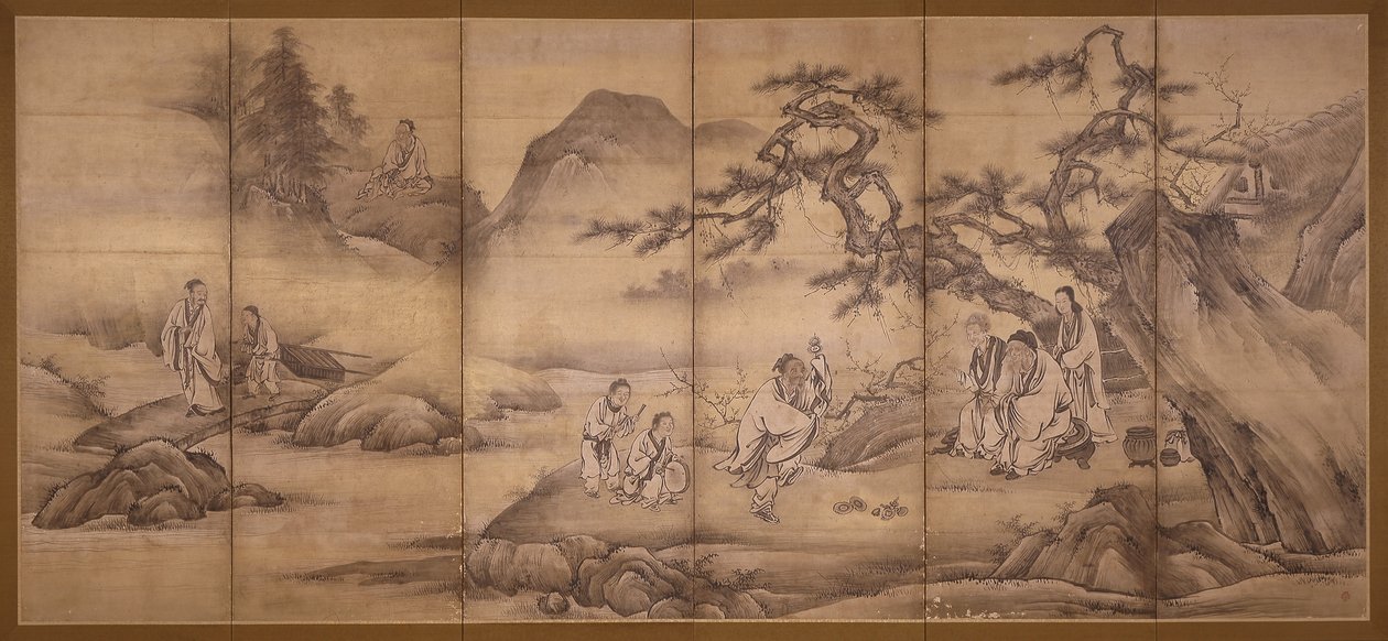 24 Paragons Of Filial Piety'den Sahneler (kağıt üzerine mürekkep ve altın pigmenti) by Motonobu Kano
