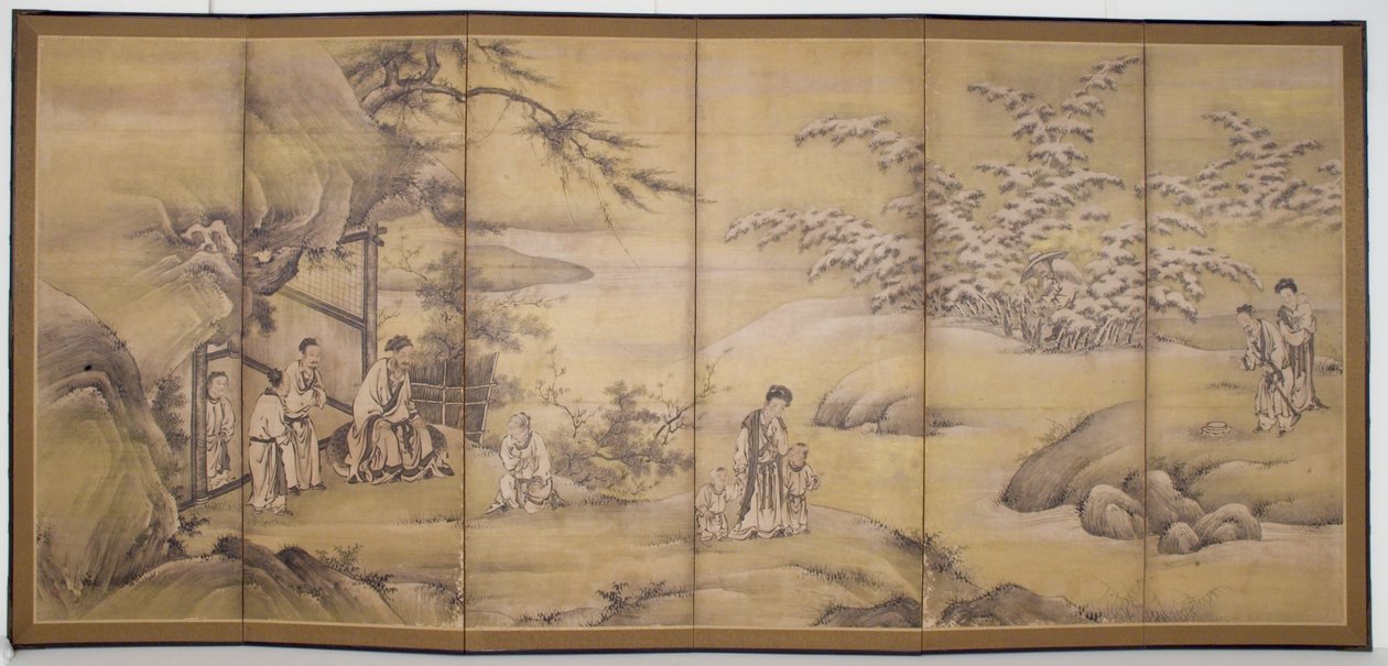 24 Paragons Of Filial Piety'den Sahneler (kağıt üzerine mürekkep ve altın pigmenti) by Motonobu Kano