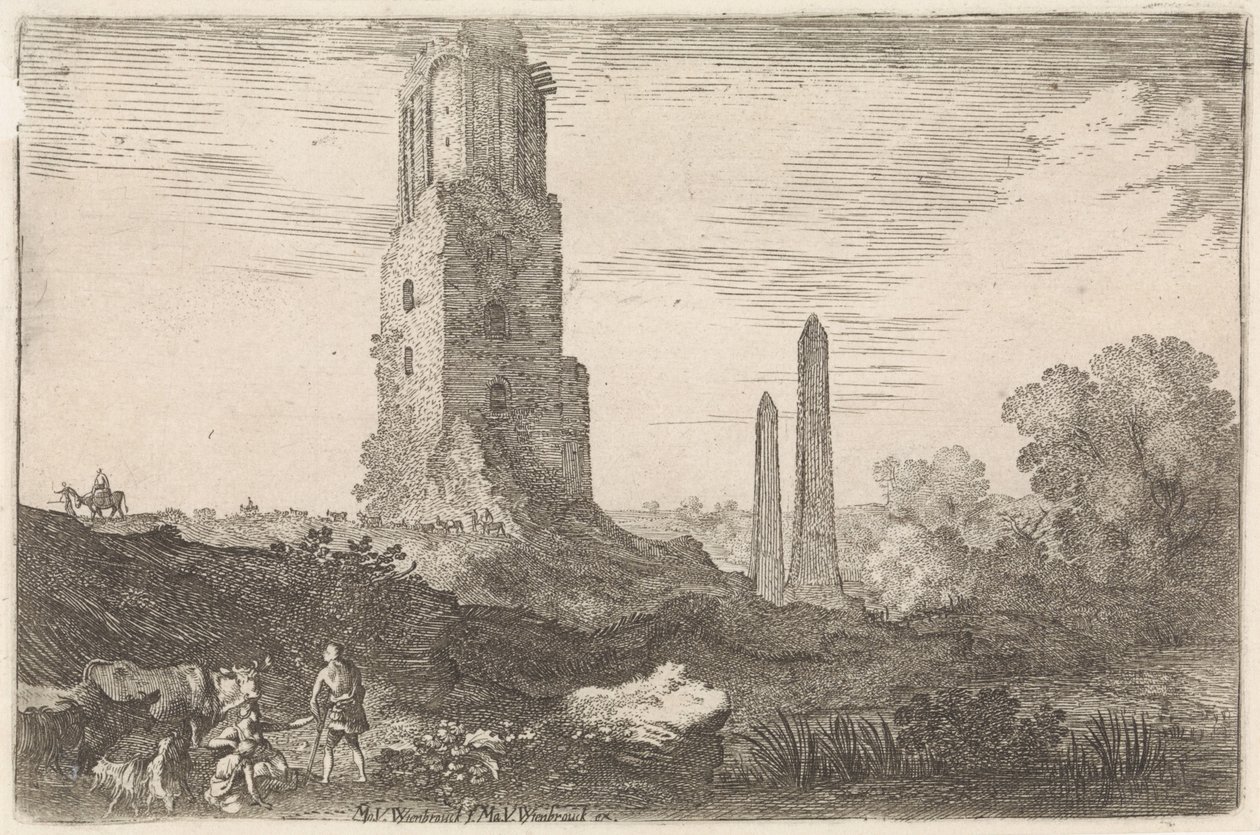 İki dikilitaş ve 'Torre delle Militia' Arcadian manzaraları ile manzara (dizi başlığı) by Moyses van Wtenbrouck