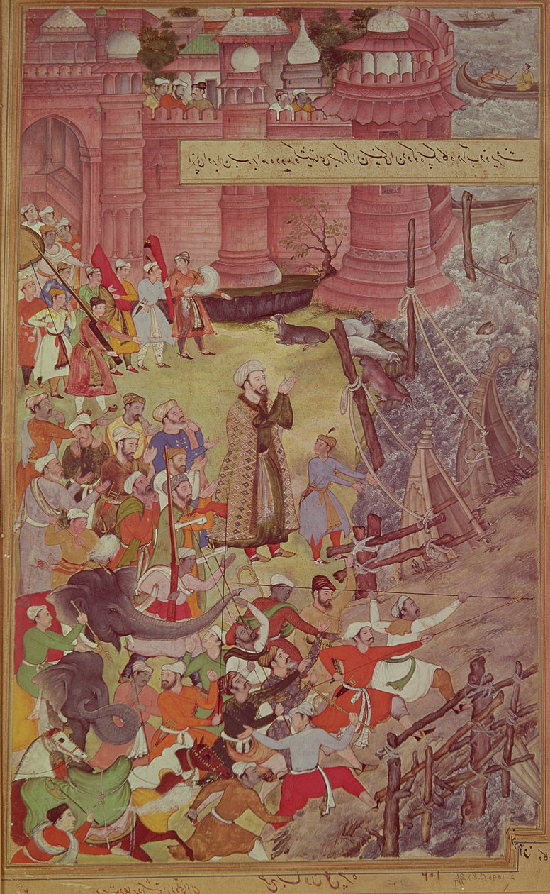 Ekber (r.1556-1605) tarafından Jumna nehrini geçerken fili üzerinde kırılan bir tekne köprüsü, Akbarnama'dan, c.1590, çift sayfanın sağ sayfası (bkz. 99482) by Mughal School