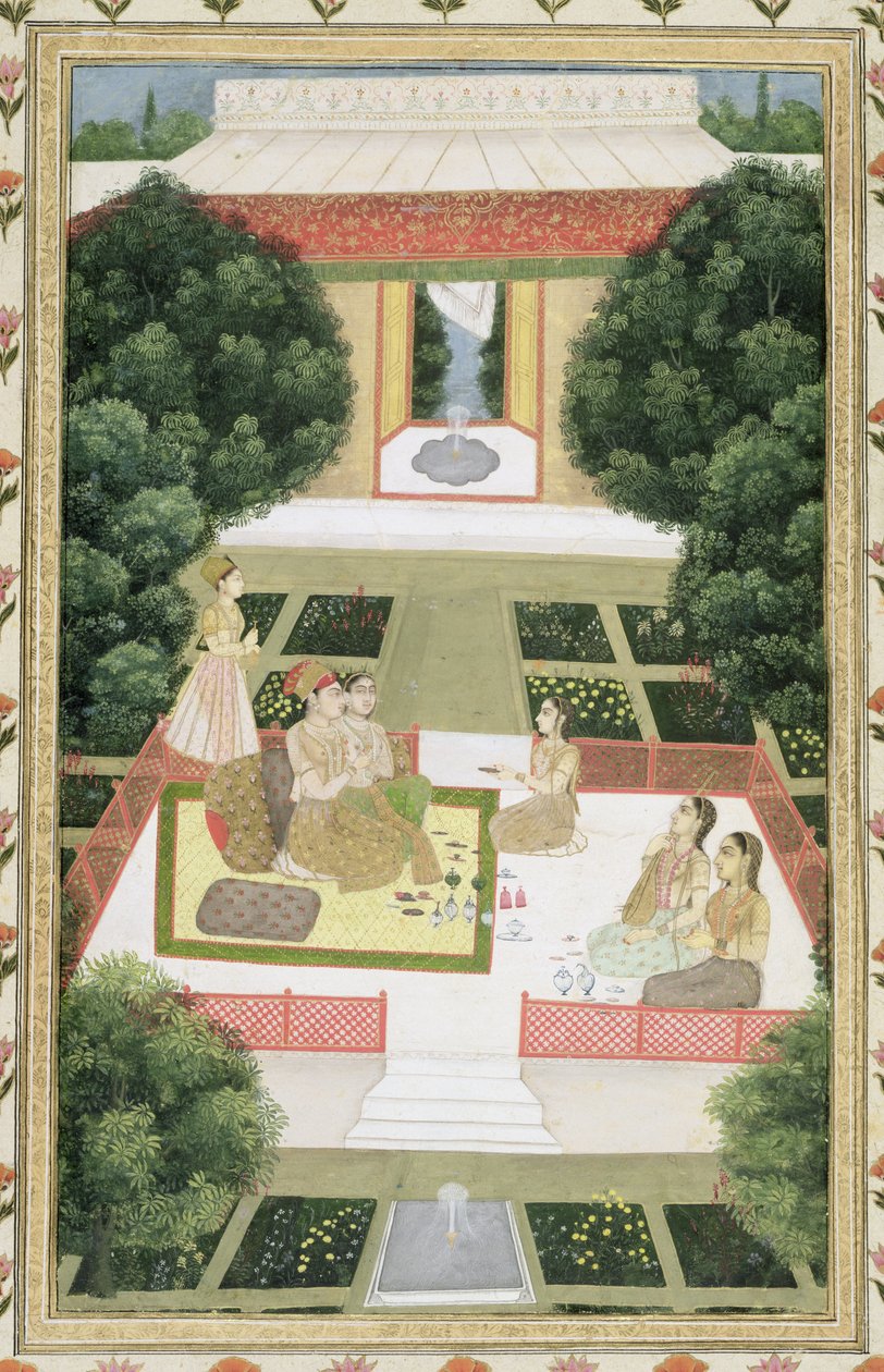 Küçük Clive Albümünden (kağıt üzerinde opak wc) bir bahçede kadın görevlilerle müzik dinleyen bir çift by Mughal School