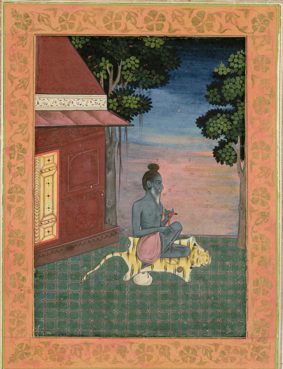 Büyük Clive Albümünden bir binanın dışında kaplan derisine oturan yaşlı münzevi, c.1670 by Mughal School