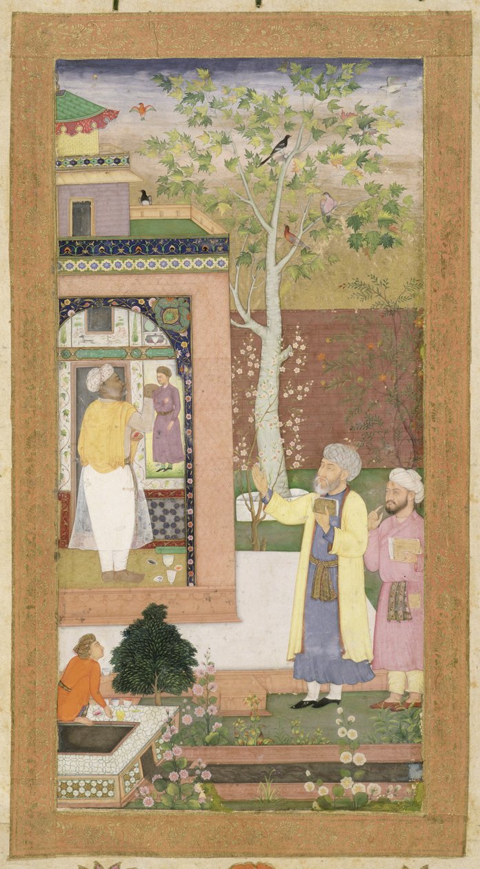 Küçük Clive Albümünden bir bahçe pavyonunun içini süsleyen bir sanatçı, c.1600 (kağıt üzerinde opak wc) by Mughal School