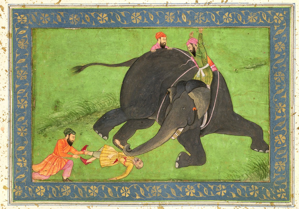 Görevliler, Büyük Clive Albümünden düşen bir adamı öfkeli bir filden kurtardı by Mughal School
