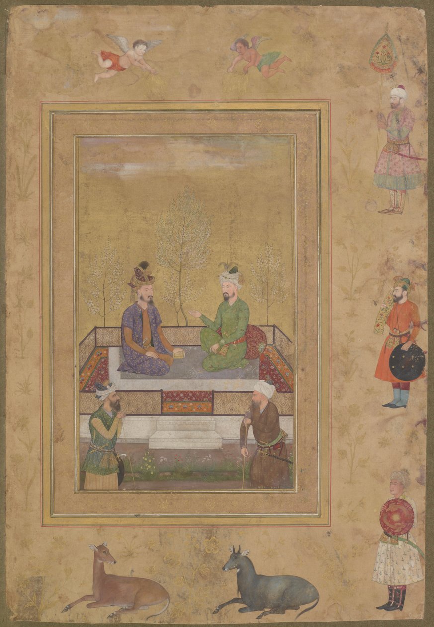 Babür ve Hümayun, Saraylılarla, geç Shah Jahan Albümünden, müstakil el yazması folyo, 1640 dolayları by Mughal School