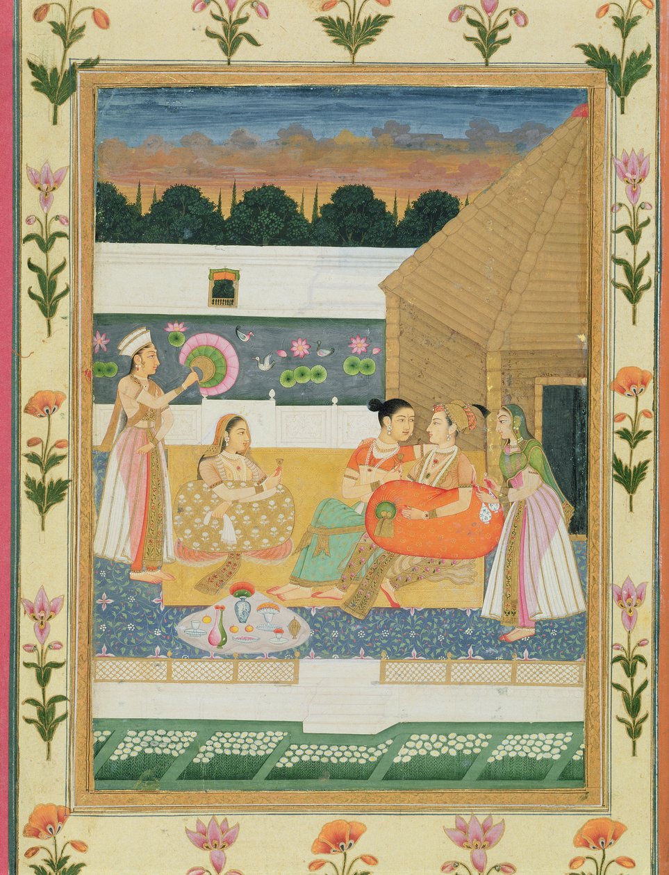 Küçük Clive Albümünden gün batımında terasta çift (kağıt üzerinde opak wc) by Mughal School