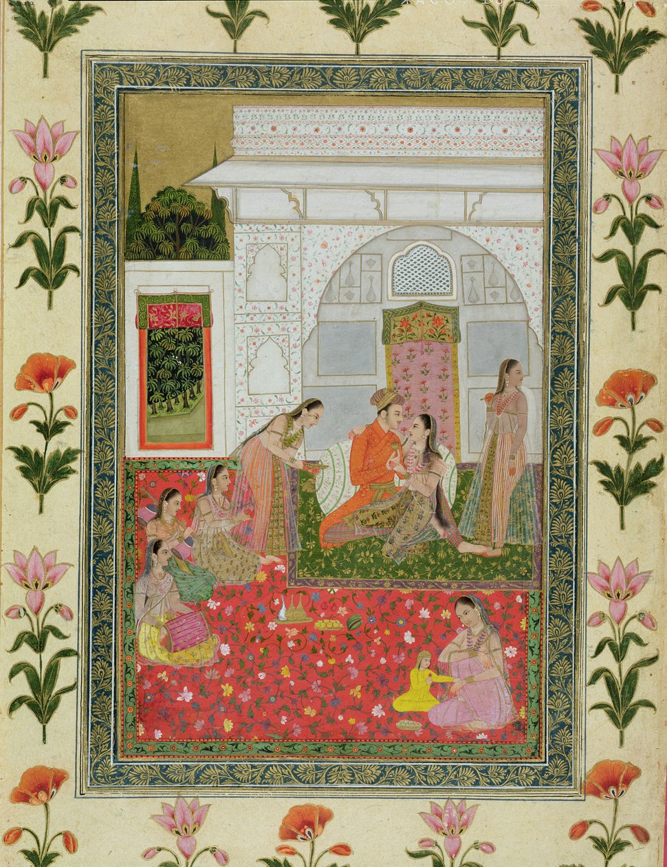 Küçük Clive Albümünden kadın görevliler ve müzisyenlerle çift by Mughal School