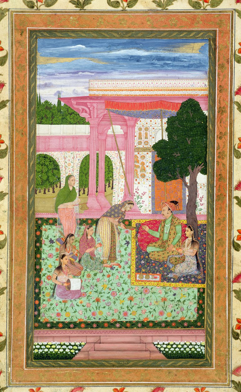 Küçük Clive Albümünden (kağıt üzerinde opak wc) bir bahçede eşi ve görevlileri ile İmparator Jahangir (1569-1627) by Mughal School
