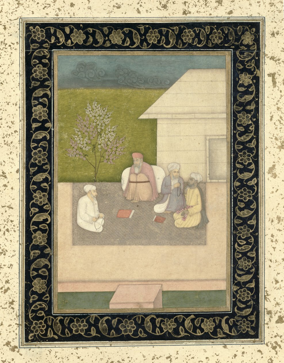 Büyük Clive Albümünden bir kulübenin dışında meditasyon yapan dört Müslüman kutsal adam by Mughal School