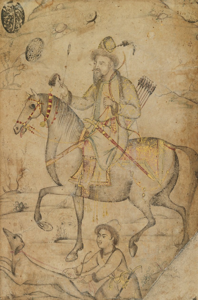 At Üzerinde Avcı, c.1600 (kağıt üzerinde mürekkep ve wc) by Mughal School