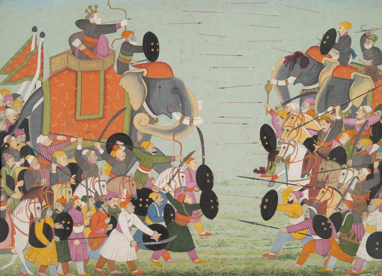 Bir Bhagavata Purana Serisinden İllüstrasyon, Kitap 10, Balarama ve Jarasandha Arasındaki Savaş, 1760-65 (kağıt üzerinde wc ve altın) by Mughal School