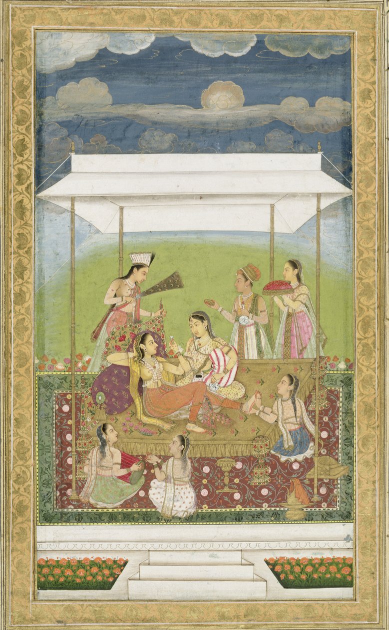 Küçük Clive Albümünden (kağıt üzerinde opak wc) bahçede müzik dinleyen bayanlar by Mughal School