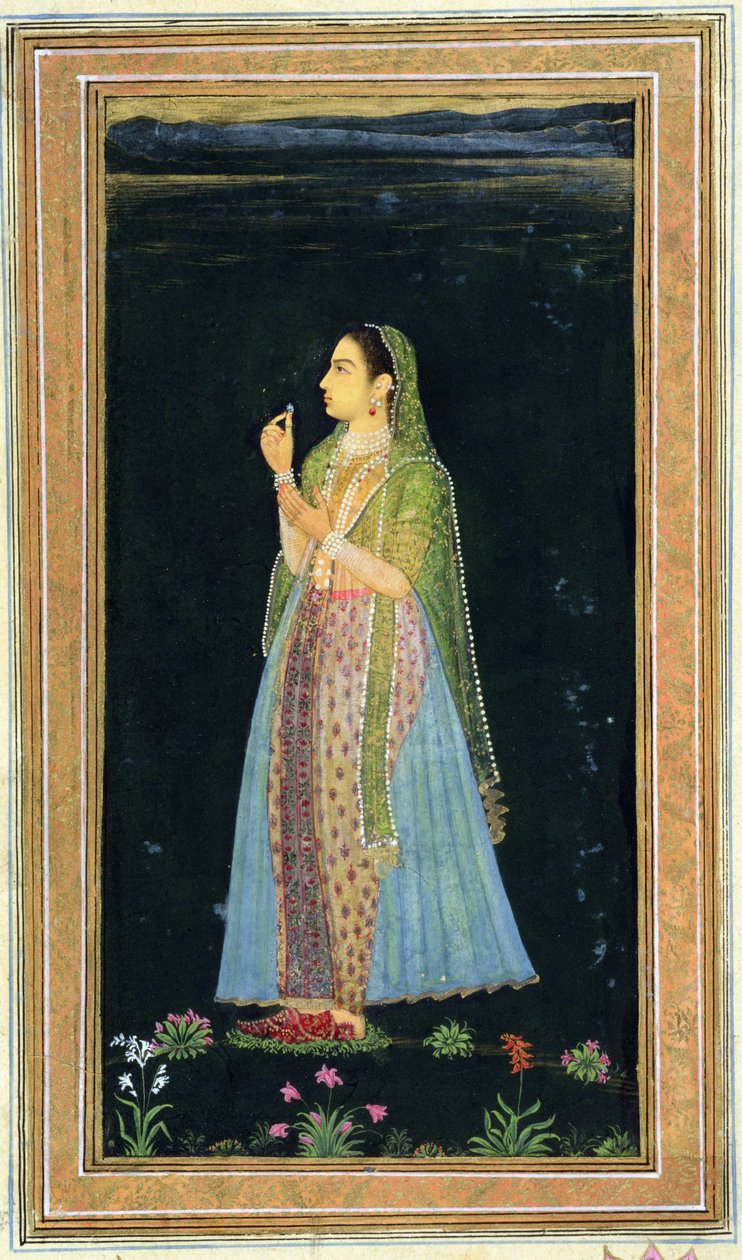 Küçük Clive Albümünden bir çiçek tutan kadın (kağıt üzerinde opak wc) by Mughal School