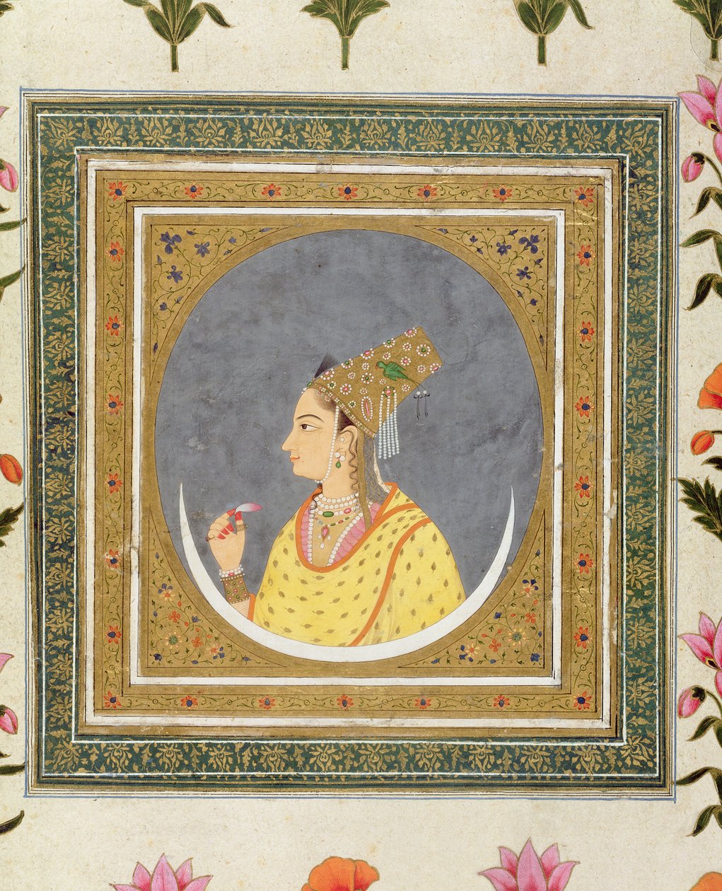 Küçük Clive Albümünden bir lotus yaprağı tutan bir kadının portresi, c.1750-60 by Mughal School