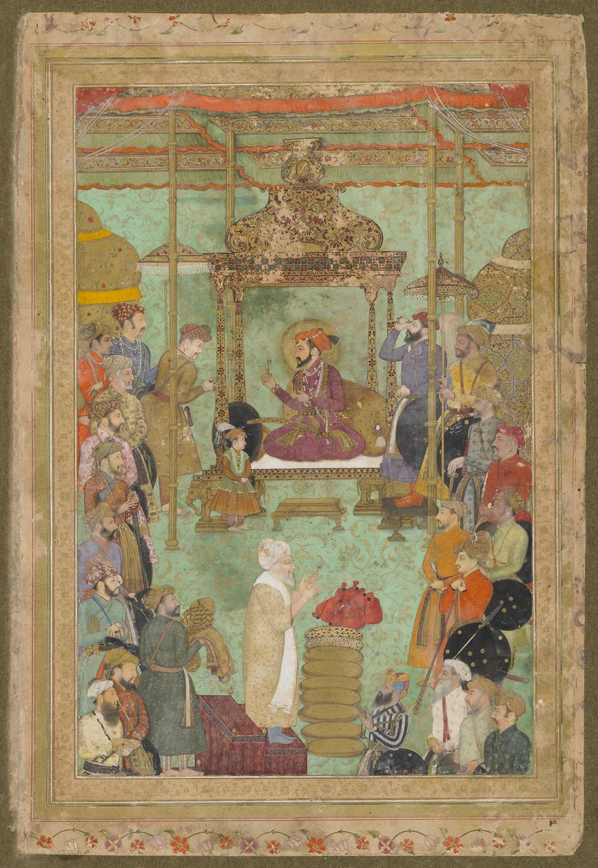 Şah Cihan, son Şah Cihan Albümünden Mahabat Han ve bir Şeyh ile tahta çıktı, müstakil el yazması folyo, 1629-1630 by Mughal School