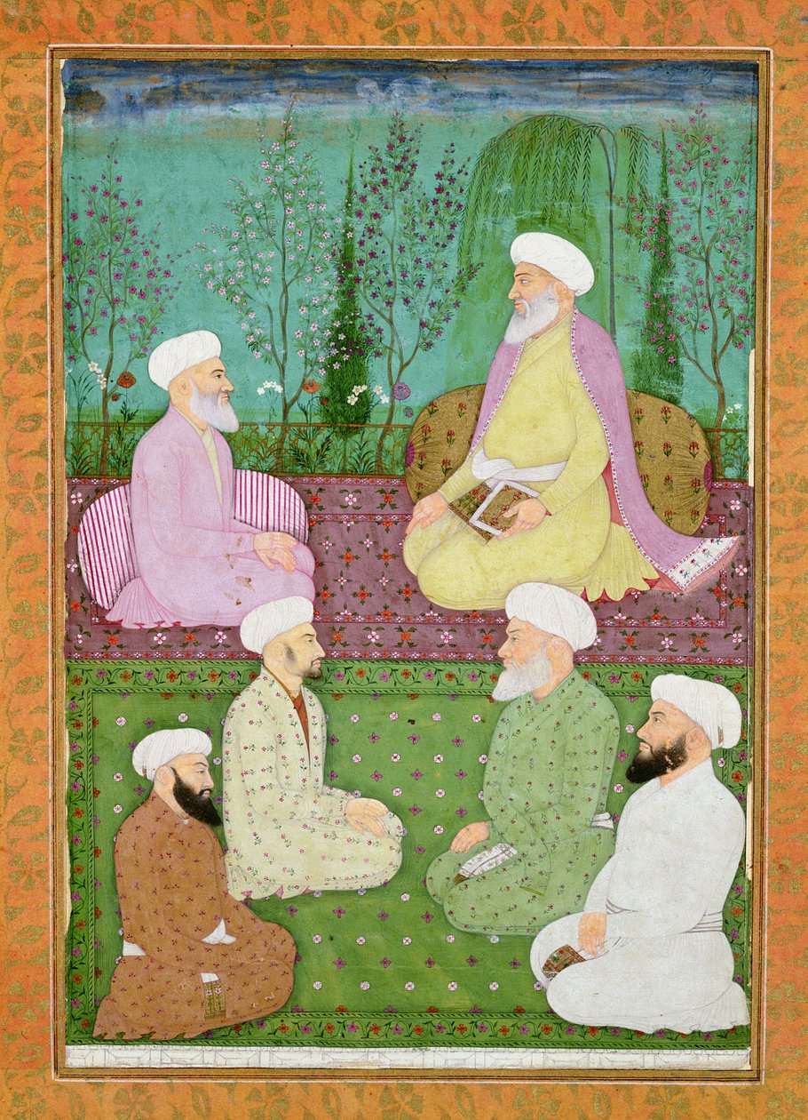 Büyük Clive Albümünden bir bahçe terasında oturan altı Müslüman kutsal adam by Mughal School