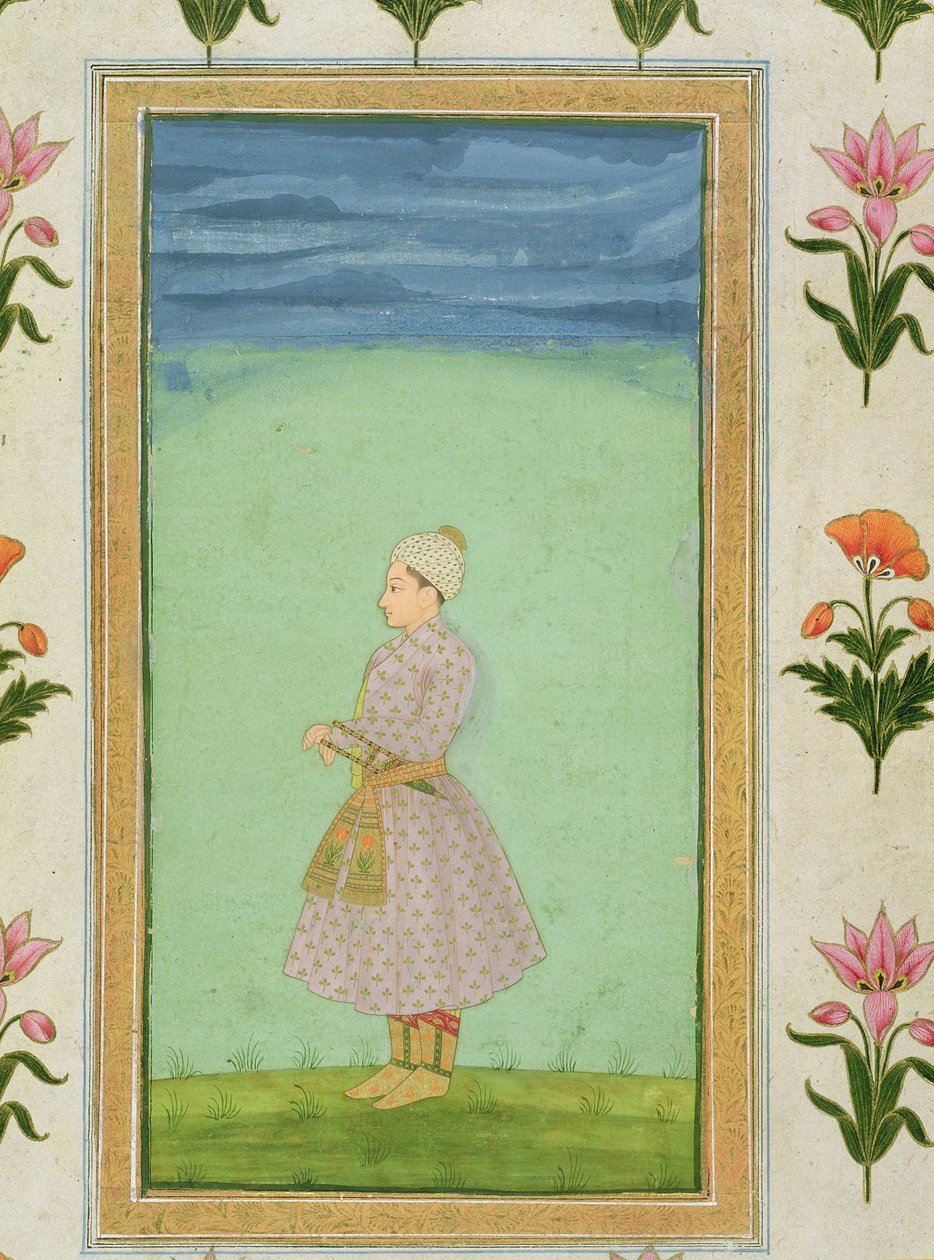 Küçük Clive Albümünden kuşağında mücevherli bir hançer olan ayakta duran bir çocuk figürü by Mughal School