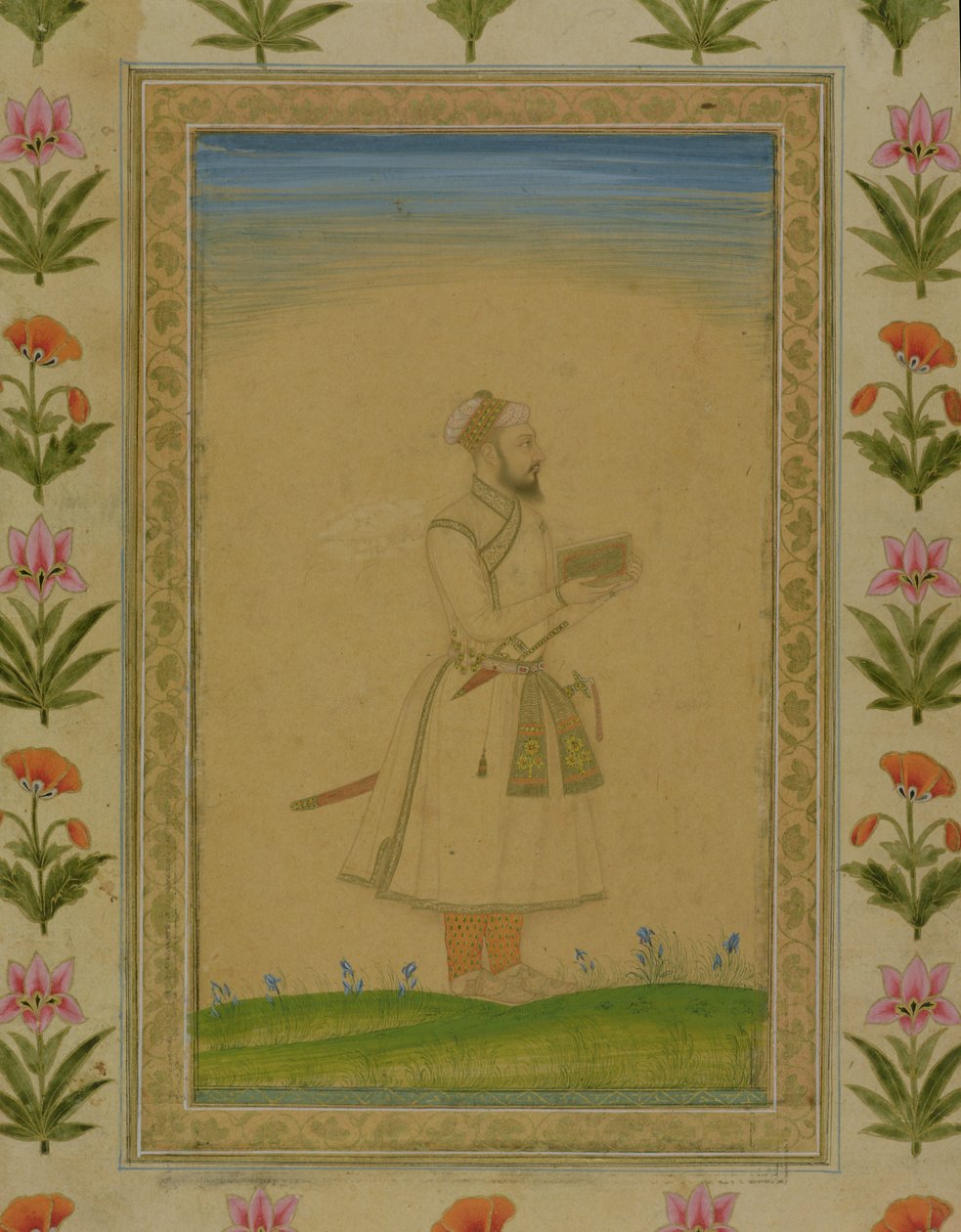 Küçük Clive Albümünden bir kitap tutan bir asilzade ayakta figürü (kağıt üzerinde opak wc) by Mughal School