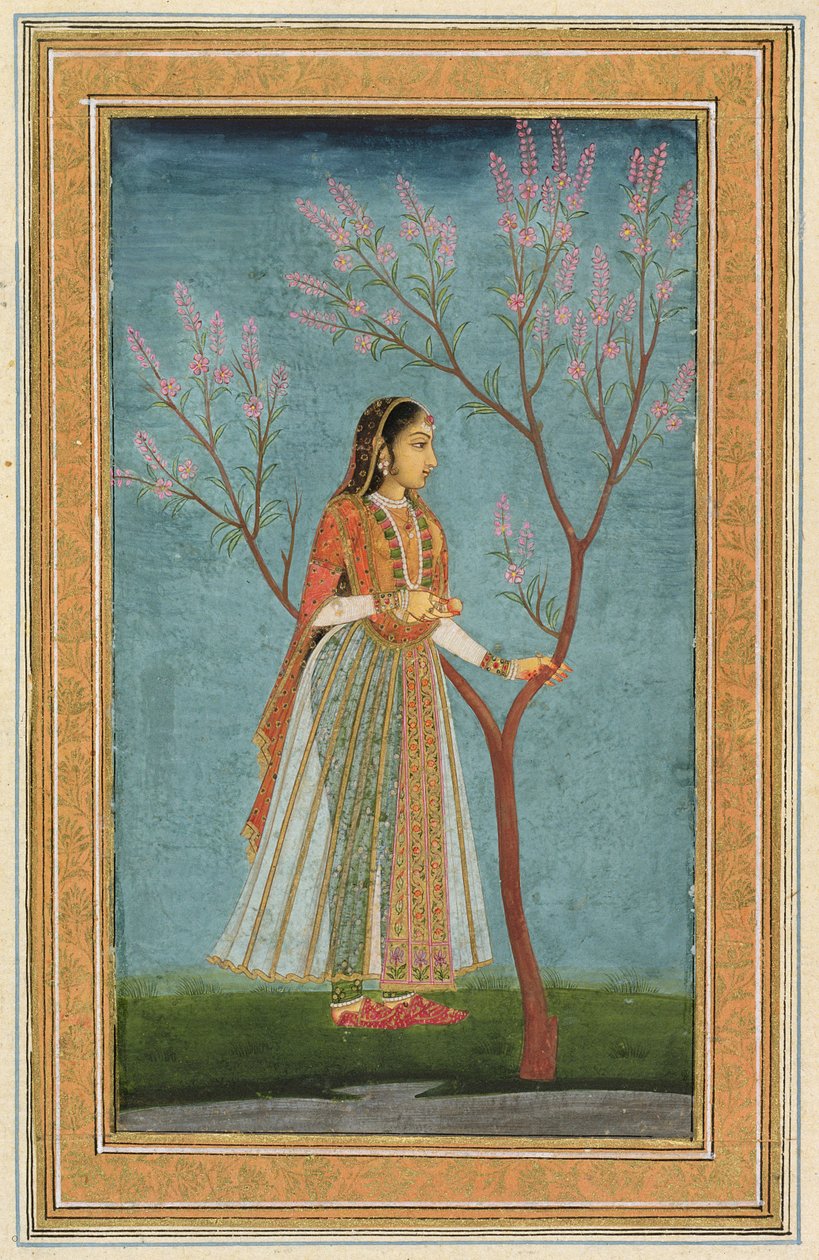 Küçük Clive Albümünden çiçek açmış bir ağacın yanında duran bayan by Mughal School