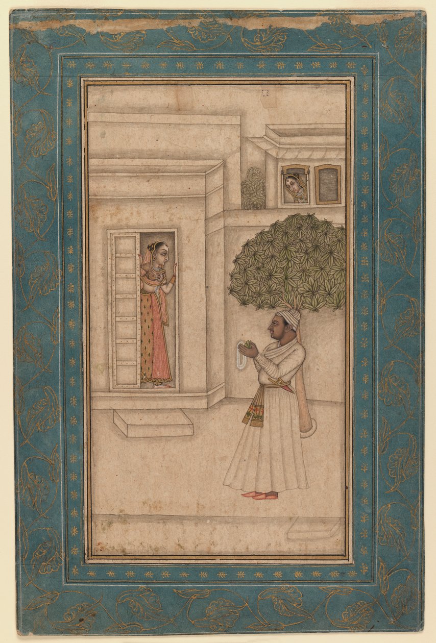 Bahçede Prens ve Sevgilisi, c.1760 (kağıt üzerine mürekkepli ve opak klozet) by Mughal School