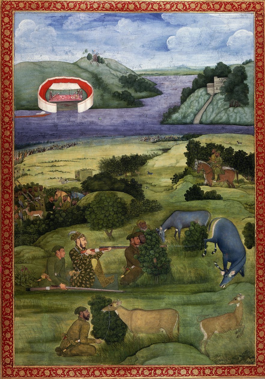 Blackbuck avlayan bir prens ve arkadaşları, c.1670-80 by Mughal School