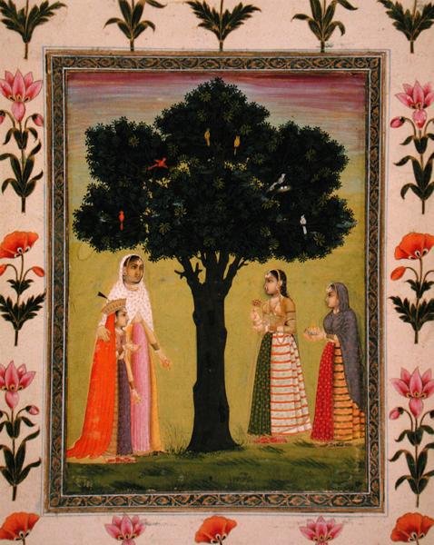 Oğluyla birlikte bir prenses, Küçük Clive Albümünden (kağıt üzerinde opak suluboya) hediyeler sunan iki bayanla tanışıyor. by Mughal School