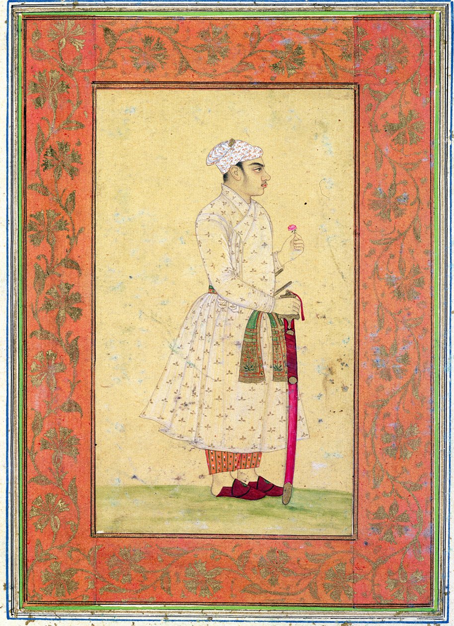 Büyük Clive Albümünden Babür mahkemesinin genç bir asilzadesi (kağıt üzerinde wc ile renkli çizim) by Mughal School