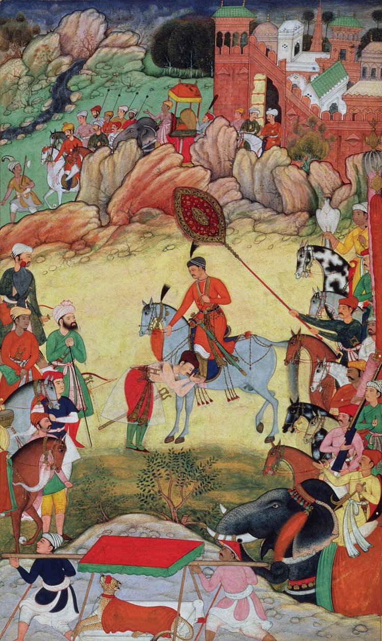 Adham Khan, 1560 veya 1561'de Orta Hindistan, Sarangpur'da Ekber'e saygılarını sunarken, Akbarnama'dan, 1590-98 by Mughal School