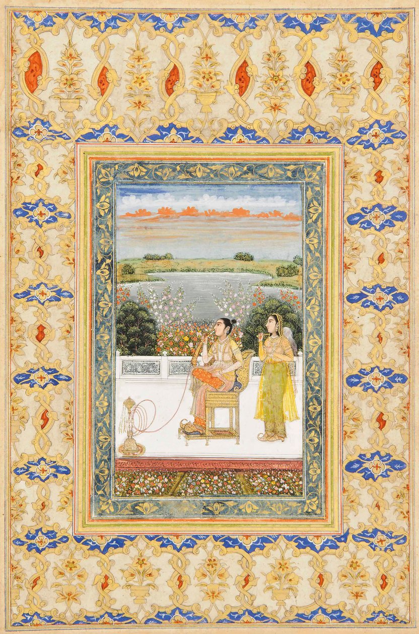 Albüm sayfası: Gulbadan Begüm terasta sigara içiyor, Delhi, 1800 dolayları by Mughal School