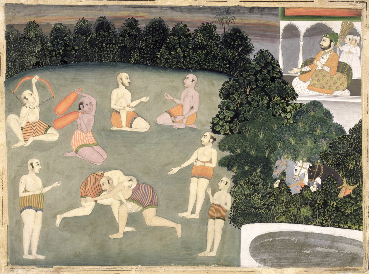 Sporcular oturmuş bir asilzadenin önünde performans sergiliyor, c.1760 (kağıt üzerinde opak wc) by Mughal School