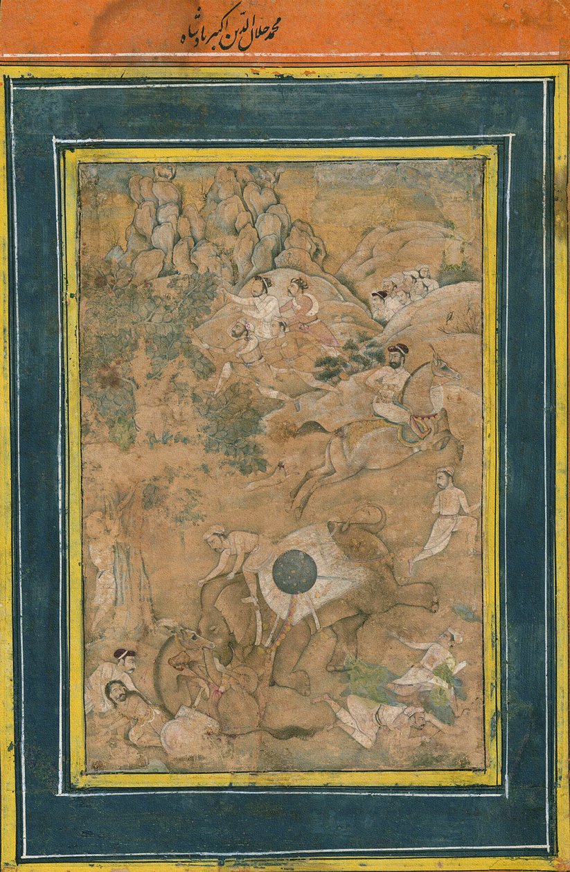 İmparator Ekber, bir av sırasında bir fili kontrol ediyor, 17. yüzyılın başlarında (opak suluboya, altın boya ve kağıt üzerine mürekkep) by Mughal School