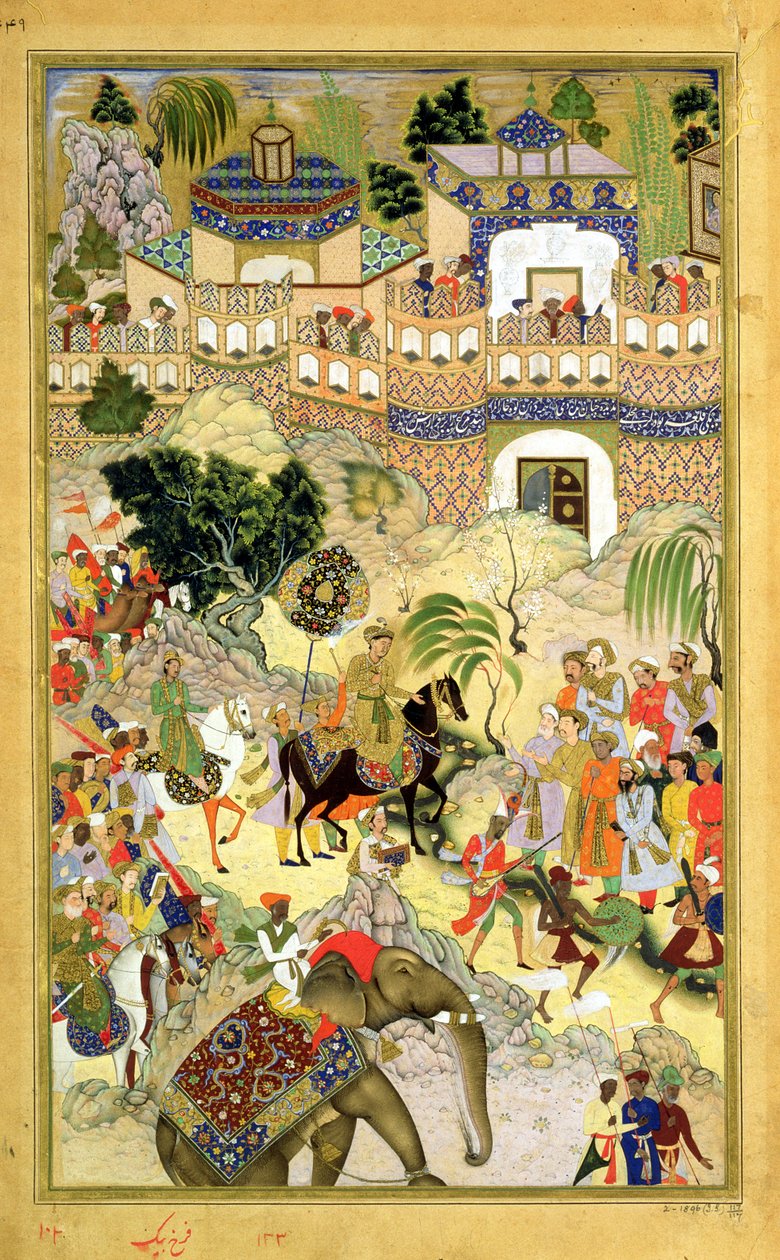 Abul Fazi (1515-1602) 1590-98 (kağıt üzerinde opak wc ve altın) tarafından yapılan Akbarnama