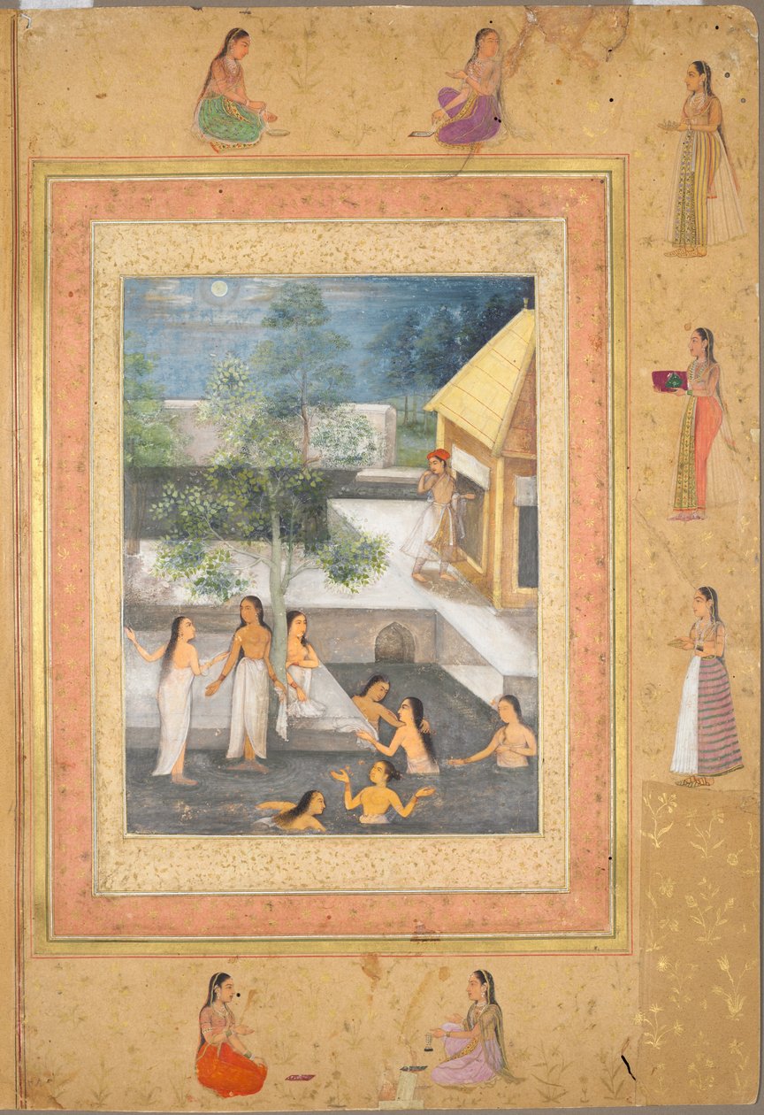 Harem Gece Banyosu Sahnesi (Recto): Çiçeklerden ve Kuşlardan Süslü Bir Bordür Çerçeveli Hat Sanatı (verso), c. 1650 (kağıt üzerinde mürekkep ve renkli) by Mughal School