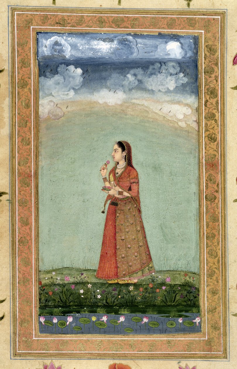 Küçük Clive Albümünden bir kase gül tutan kadın (kağıt üzerinde opak wc) by Mughal School