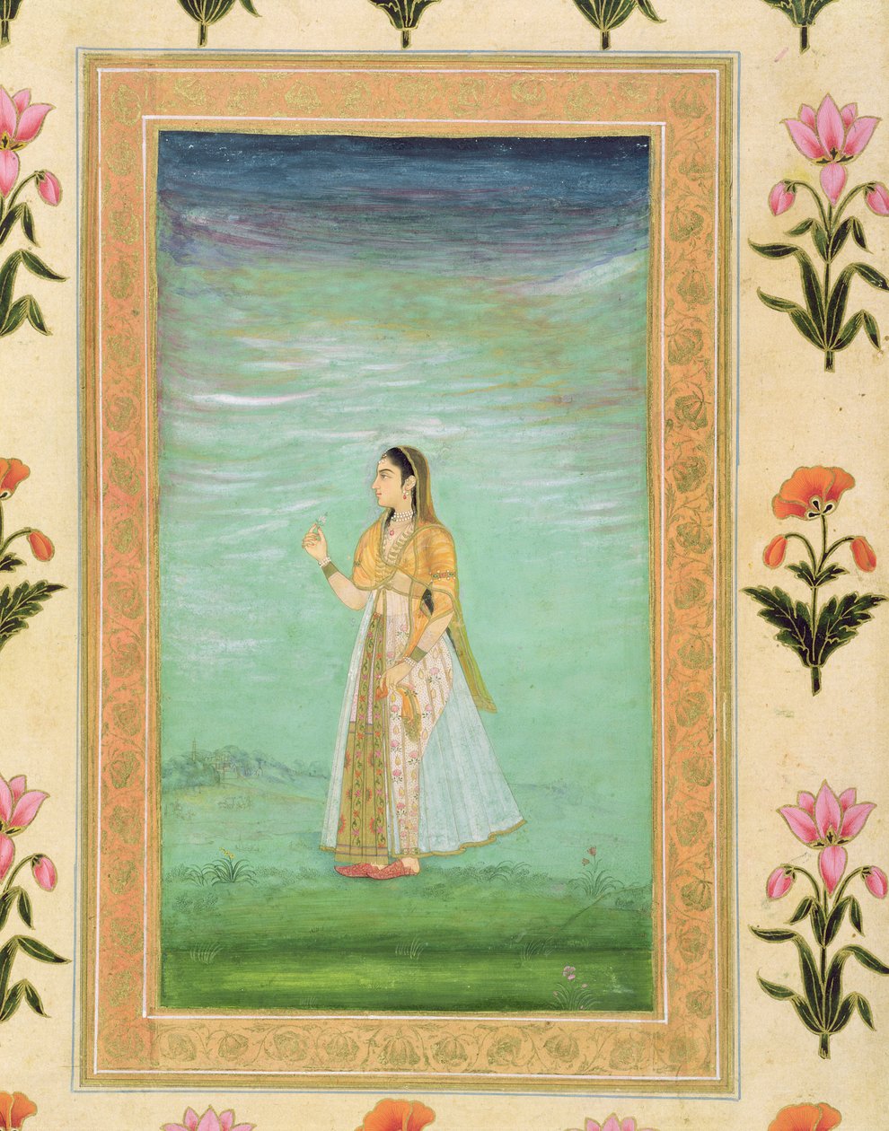 Küçük Clive Albümünden bir çiçek tutan kadın (kağıt üzerinde opak wc) by Mughal School