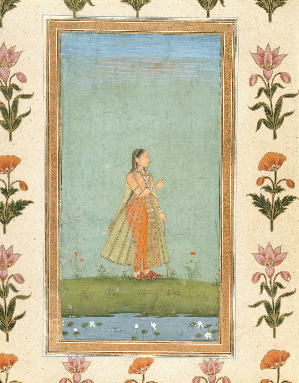 Küçük Clive Albümünden bir zambak göletinin yanında duran bir çiçek tutan kadın (kağıt üzerinde opak wc) by Mughal School