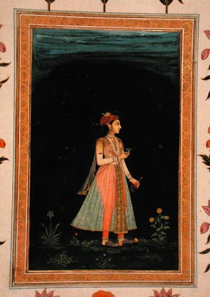 Küçük Clive Albümünden geceleri bir şarap şişesi ve bardak tutan kadın by Mughal School