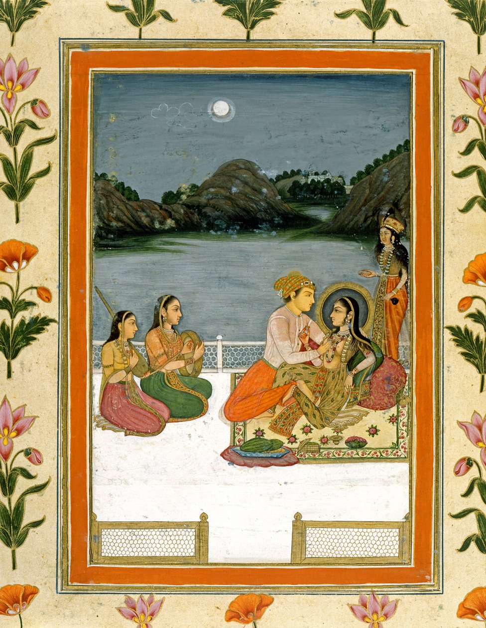 Küçük Clive Albümünden mehtaplı bir gölün yanındaki terasta aşıklar (kağıt üzerinde opak wc) by Mughal School