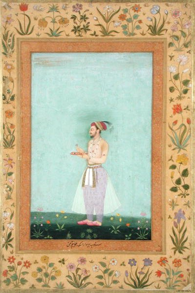 Minto Albümünden bir tepsi mücevher tutan Prens Dara Shikuh by Mughal School