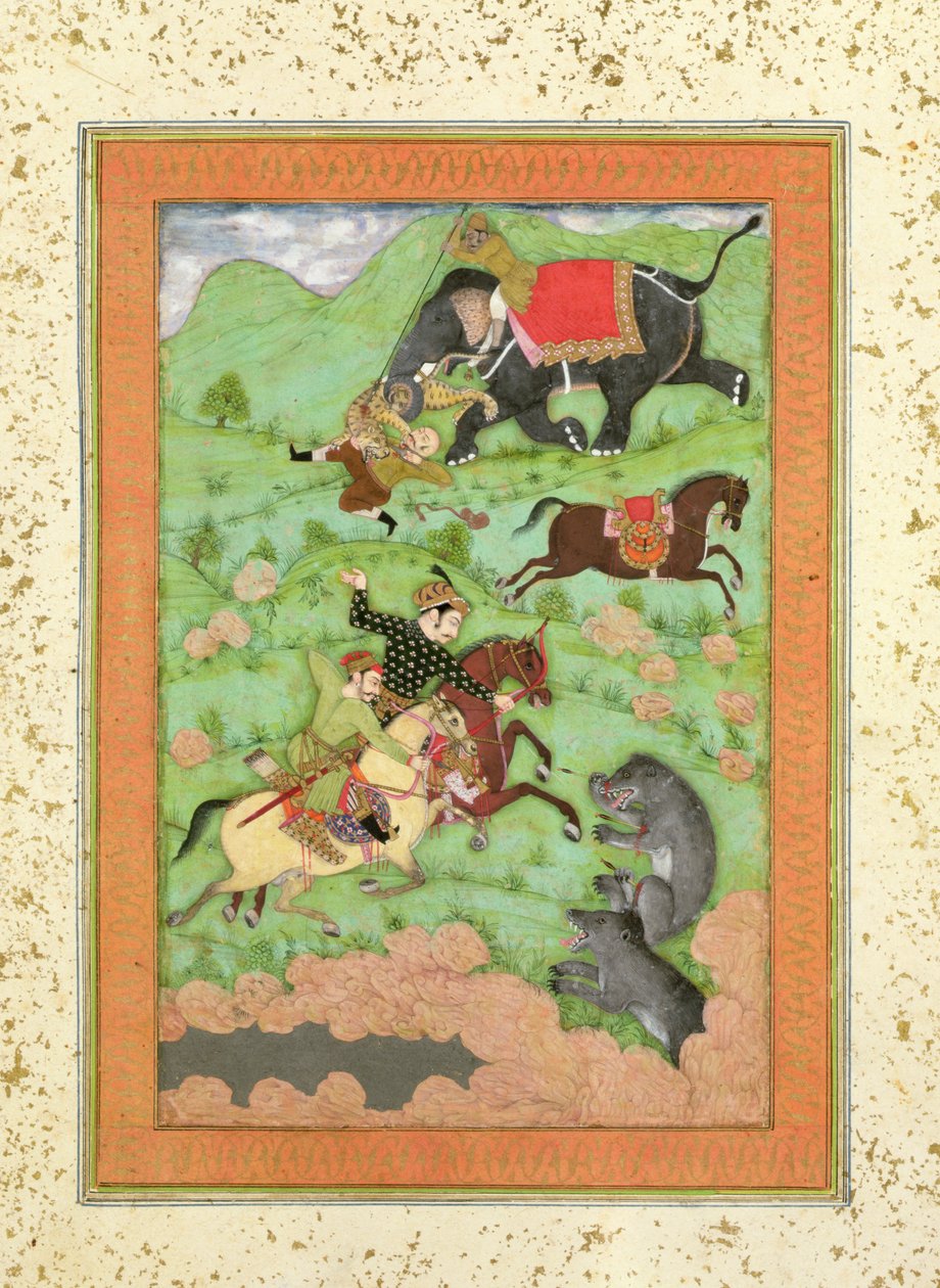 Rajput prensleri ayı avlıyor; Büyük Clive Albümünden bir fil ve fili düşmüş bir atlıyı kaplandan kurtarıyor by Mughal School