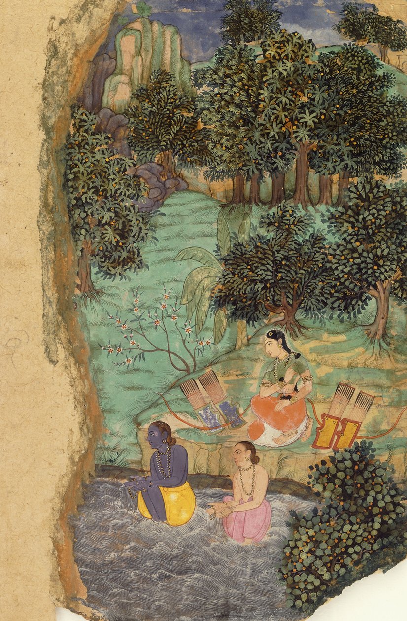 Rama ve Lakshmana, Mandakini Nehri Kıyısında Ölü Babalarına Su Sunarken, 1595 dolayları by Mughal School