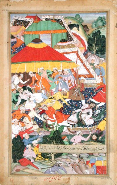 Ebu'l Fazi tarafından yapılan 'Akbarnama' dan 1573 yılında Gucerat'a yürüyüşü sırasında bir Rajiput tarafından Kilan Han'ın Yaralanması by Mughal School